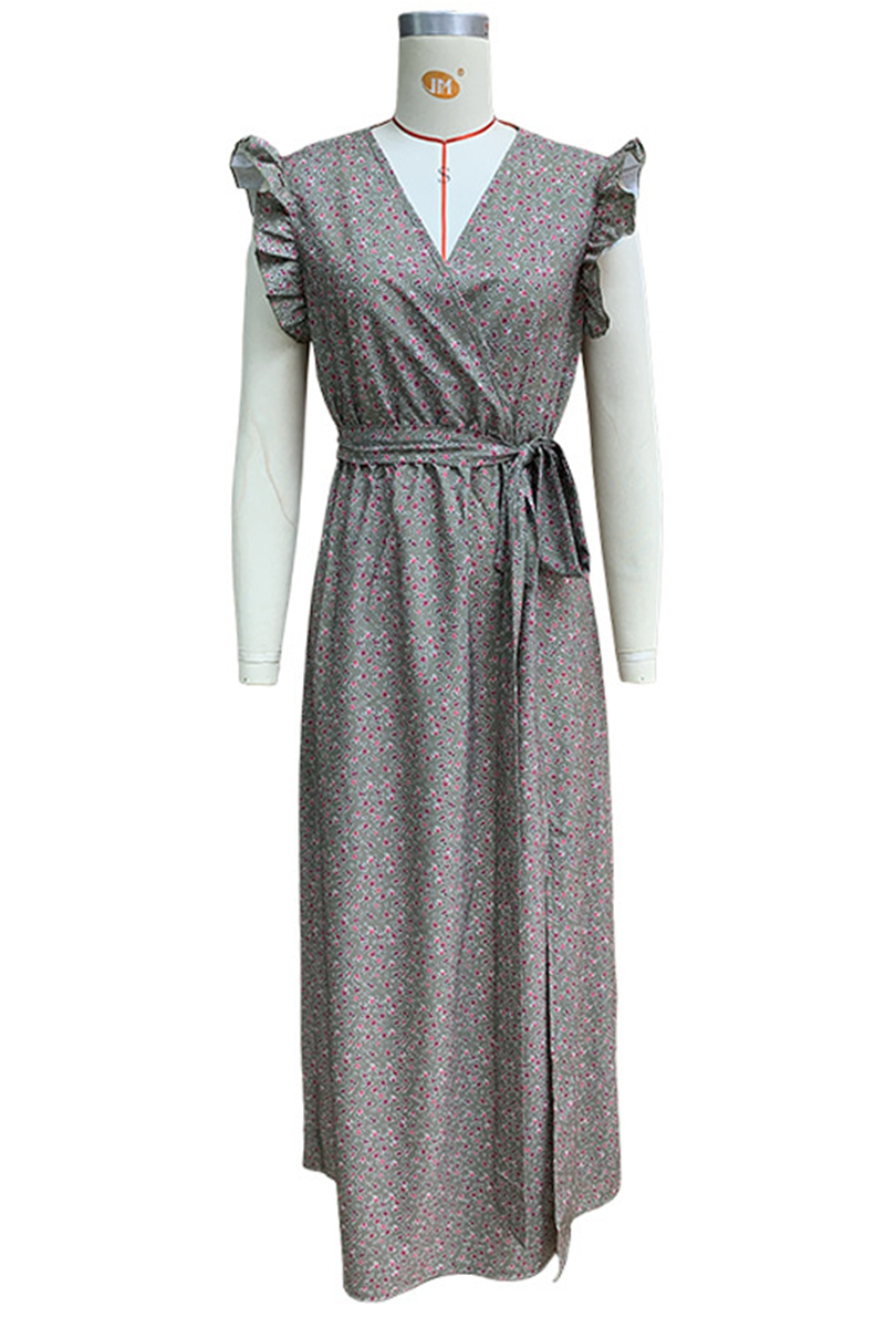 Yolanda® | Casual floral print street dresses with pocket ruffles and A-line V-neck