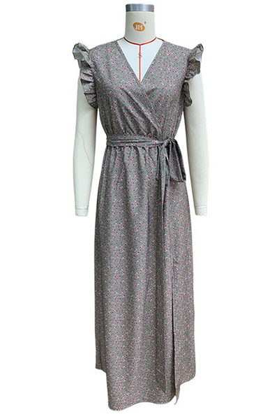 Yolanda® | Casual floral print street dresses with pocket ruffles and A-line V-neck