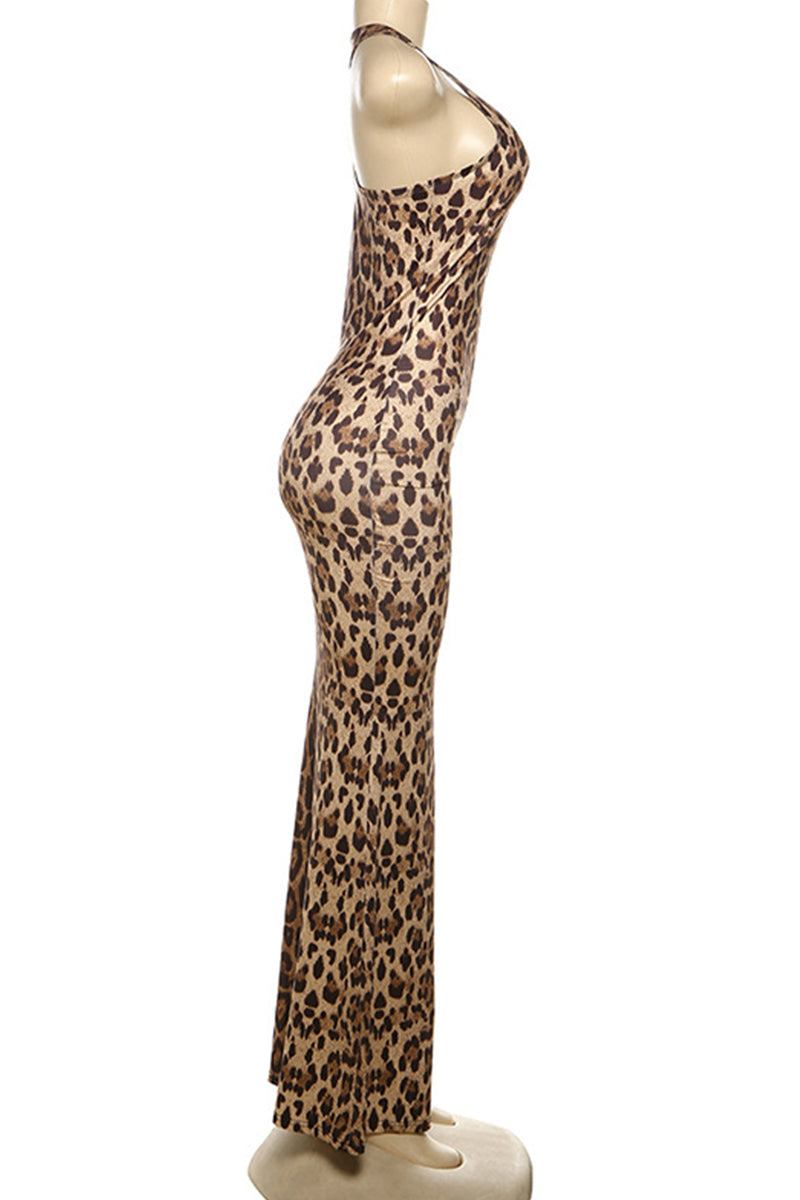 Viviana® | Elegant backless long halterneck dresses with leopard print and patchwork