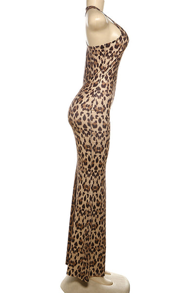 Viviana® | Elegant backless long halterneck dresses with leopard print and patchwork