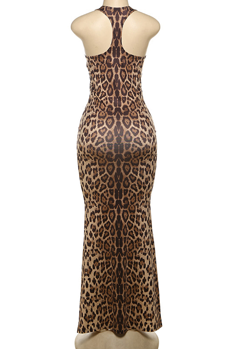 Viviana® | Elegant backless long halterneck dresses with leopard print and patchwork