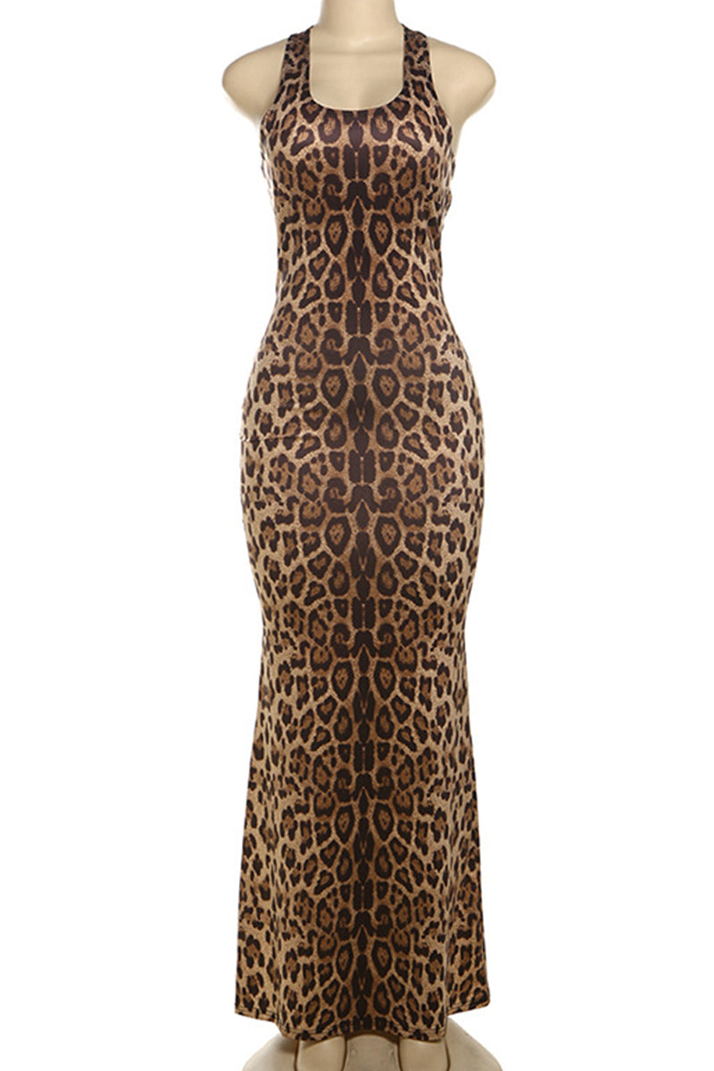 Viviana® | Elegant backless long halterneck dresses with leopard print and patchwork