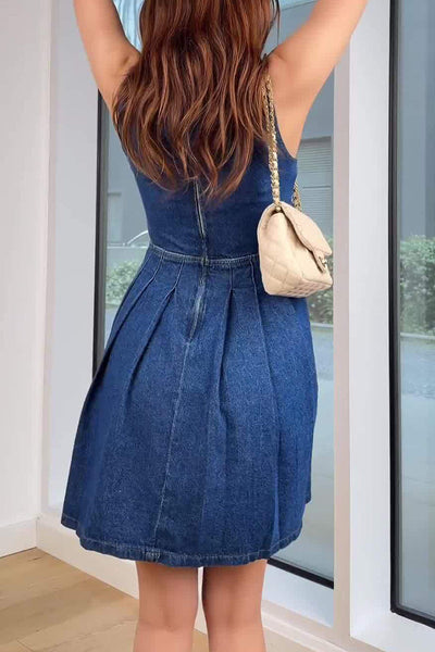 Paulina® | Casual sleeveless denim dresses with hollow out ruched zipper and O-neck