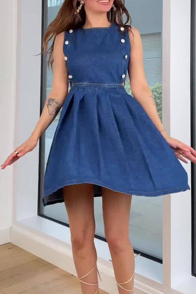 Paulina® | Casual sleeveless denim dresses with hollow out ruched zipper and O-neck