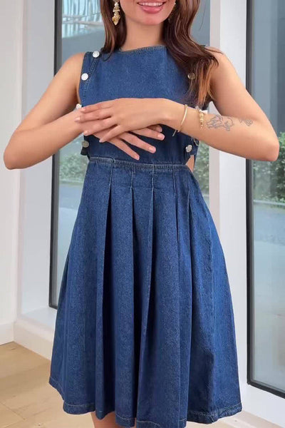 Paulina® | Casual sleeveless denim dresses with hollow out ruched zipper and O-neck