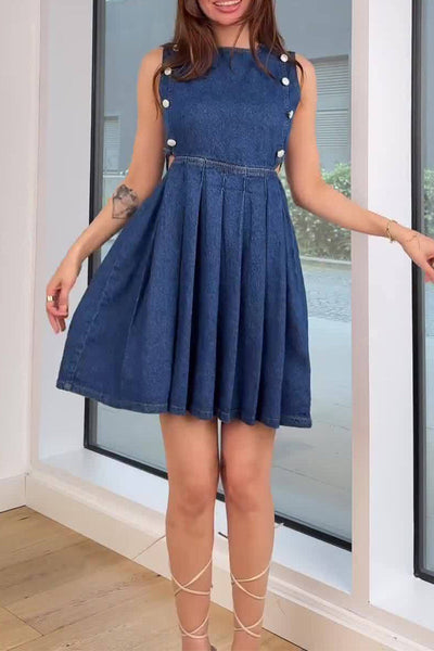 Paulina® | Casual sleeveless denim dresses with hollow out ruched zipper and O-neck
