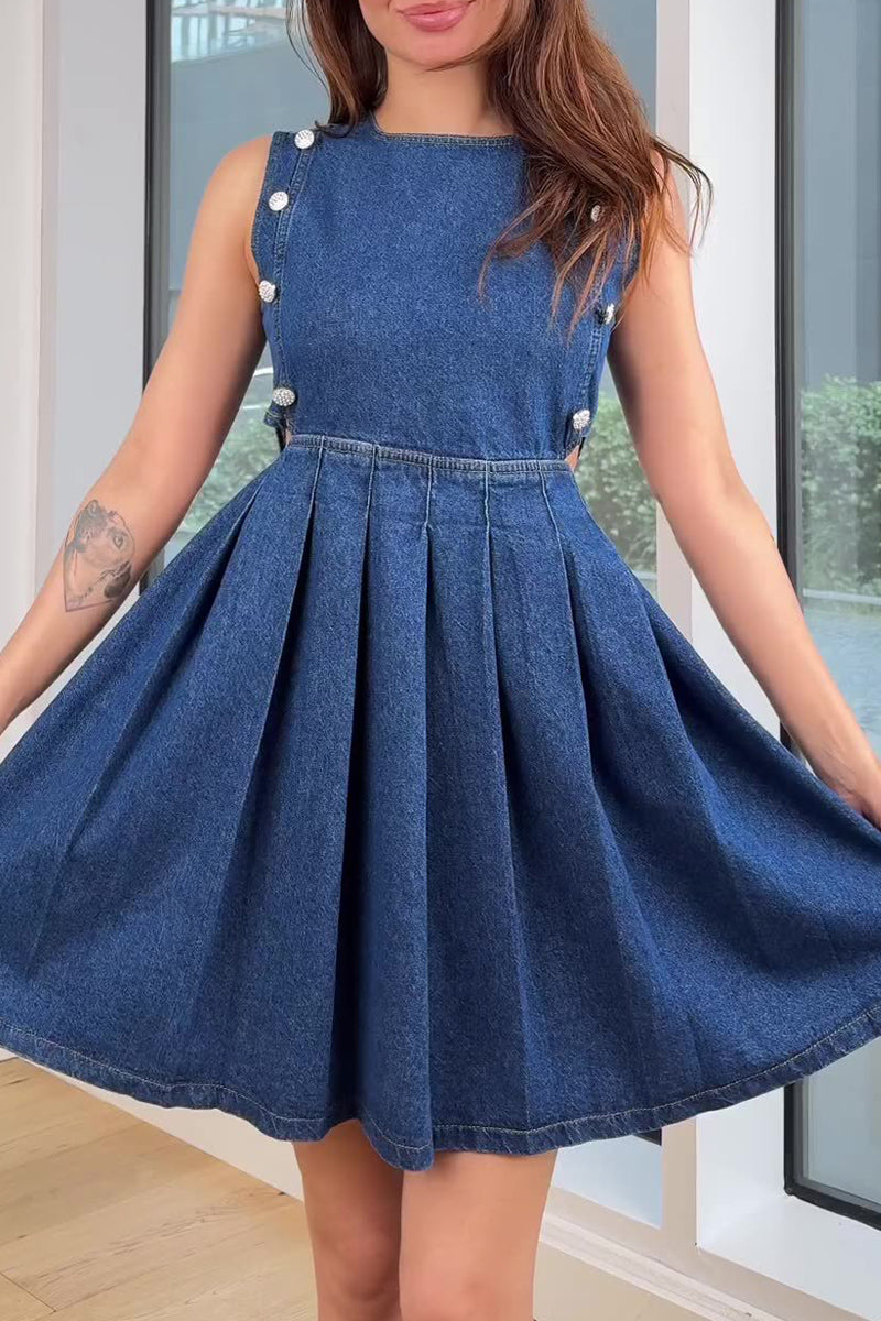Paulina® | Casual sleeveless denim dresses with hollow out ruched zipper and O-neck
