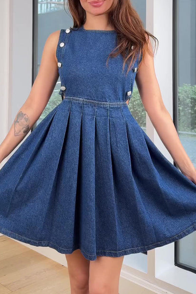 Paulina® | Casual sleeveless denim dresses with hollow out ruched zipper and O-neck