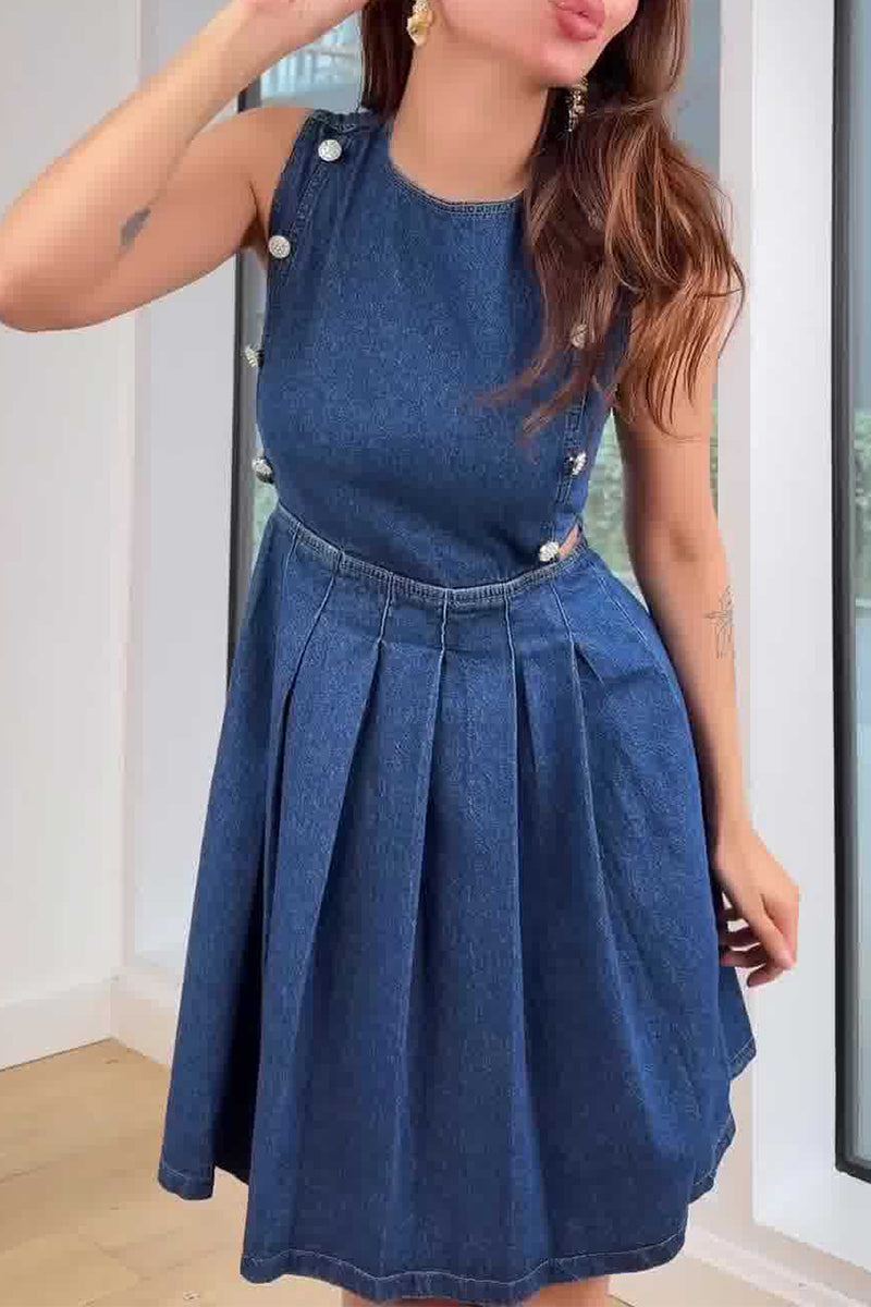 Paulina® | Casual sleeveless denim dresses with hollow out ruched zipper and O-neck