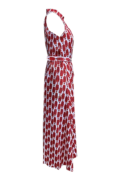 Yasmina® | Elegant geometric print sleeveless dresses with slit, contrast halter necks for vacation