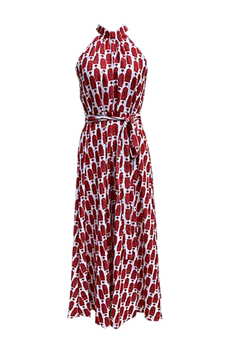 Yasmina® | Elegant geometric print sleeveless dresses with slit, contrast halter necks for vacation