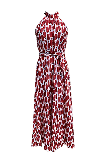 Yasmina® | Elegant geometric print sleeveless dresses with slit, contrast halter necks for vacation