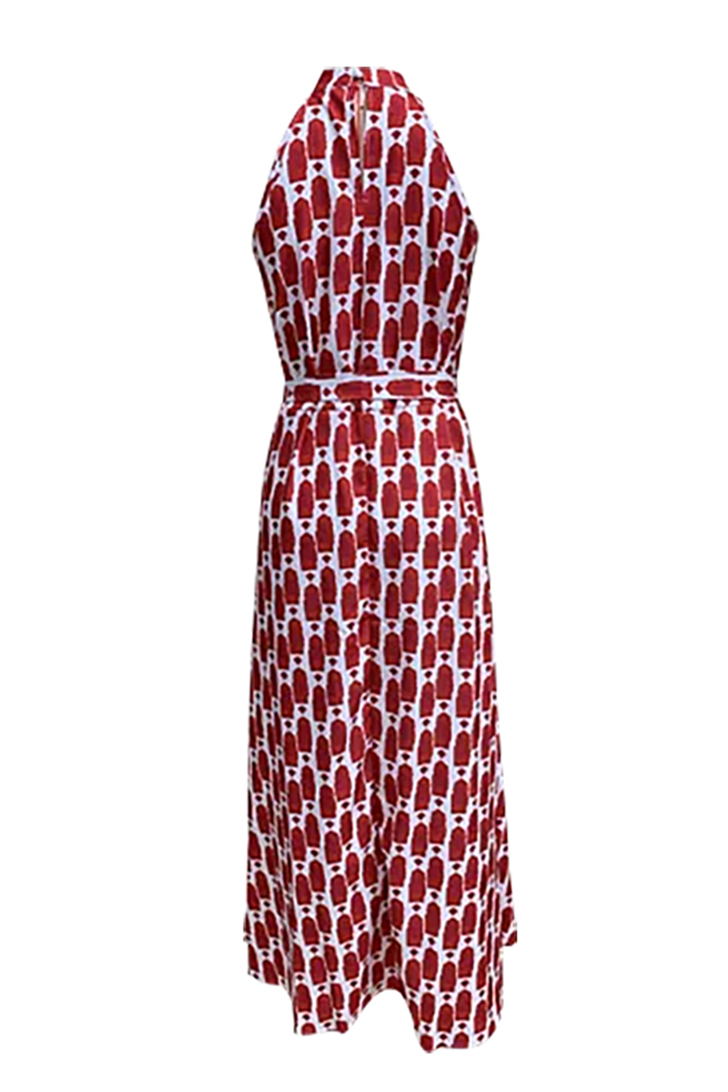Yasmina® | Elegant geometric print sleeveless dresses with slit, contrast halter necks for vacation