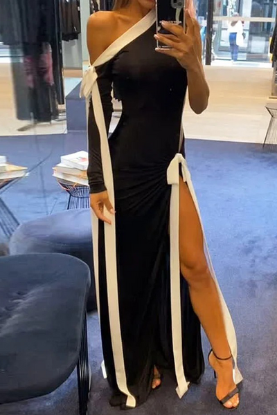 Olga® | Sexy striped lace up slit contrast irregular dropped shoulder dresses