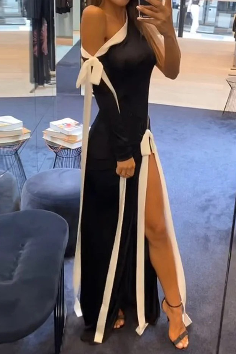 Olga® | Sexy striped lace up slit contrast irregular dropped shoulder dresses
