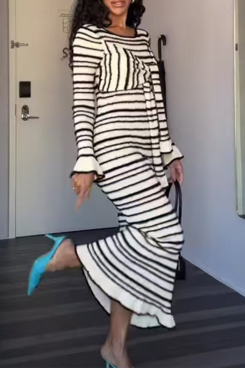 Marcia® | Casual Stripe Patchwork Bow Decor Contrast O-Neck One-Step Skirt Dresses