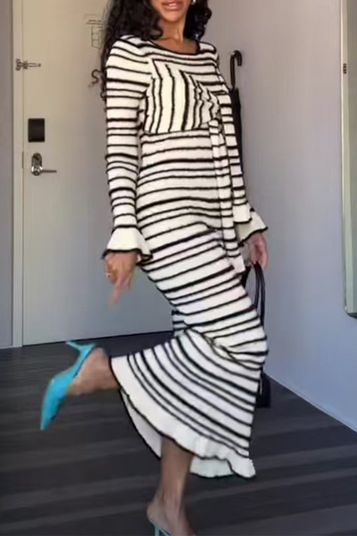 Marcia® | Casual Stripe Patchwork Bow Decor Contrast O-Neck One-Step Skirt Dresses
