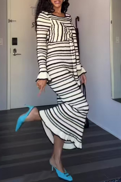 Marcia® | Casual Stripe Patchwork Bow Decor Contrast O-Neck One-Step Skirt Dresses