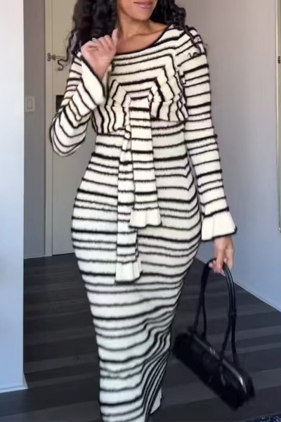Marcia® | Casual Stripe Patchwork Bow Decor Contrast O-Neck One-Step Skirt Dresses