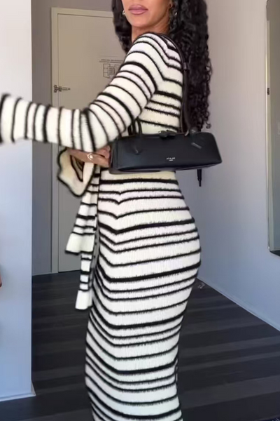 Marcia® | Casual Stripe Patchwork Bow Decor Contrast O-Neck One-Step Skirt Dresses
