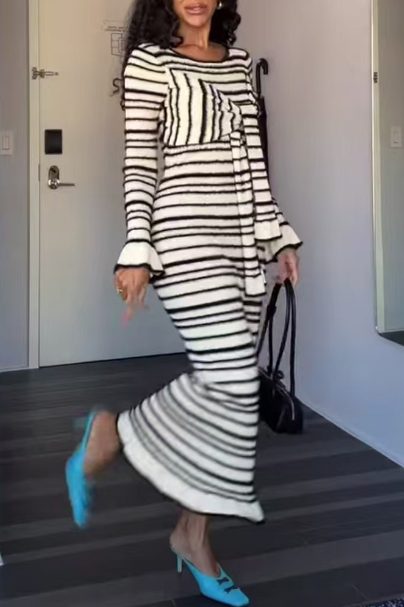 Marcia® | Casual Stripe Patchwork Bow Decor Contrast O-Neck One-Step Skirt Dresses