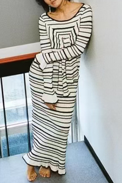 Marcia® | Casual Stripe Patchwork Bow Decor Contrast O-Neck One-Step Skirt Dresses