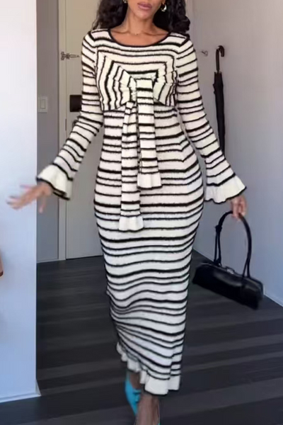 Marcia® | Casual Stripe Patchwork Bow Decor Contrast O-Neck One-Step Skirt Dresses