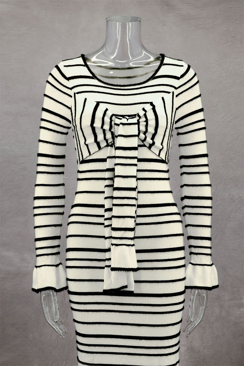 Marcia® | Casual Stripe Patchwork Bow Decor Contrast O-Neck One-Step Skirt Dresses