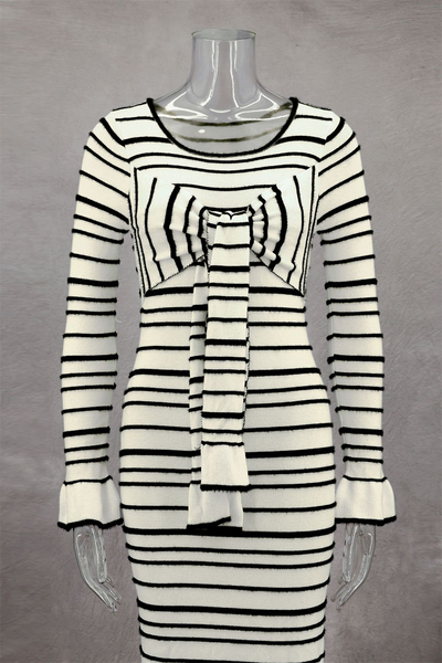 Marcia® | Casual Stripe Patchwork Bow Decor Contrast O-Neck One-Step Skirt Dresses