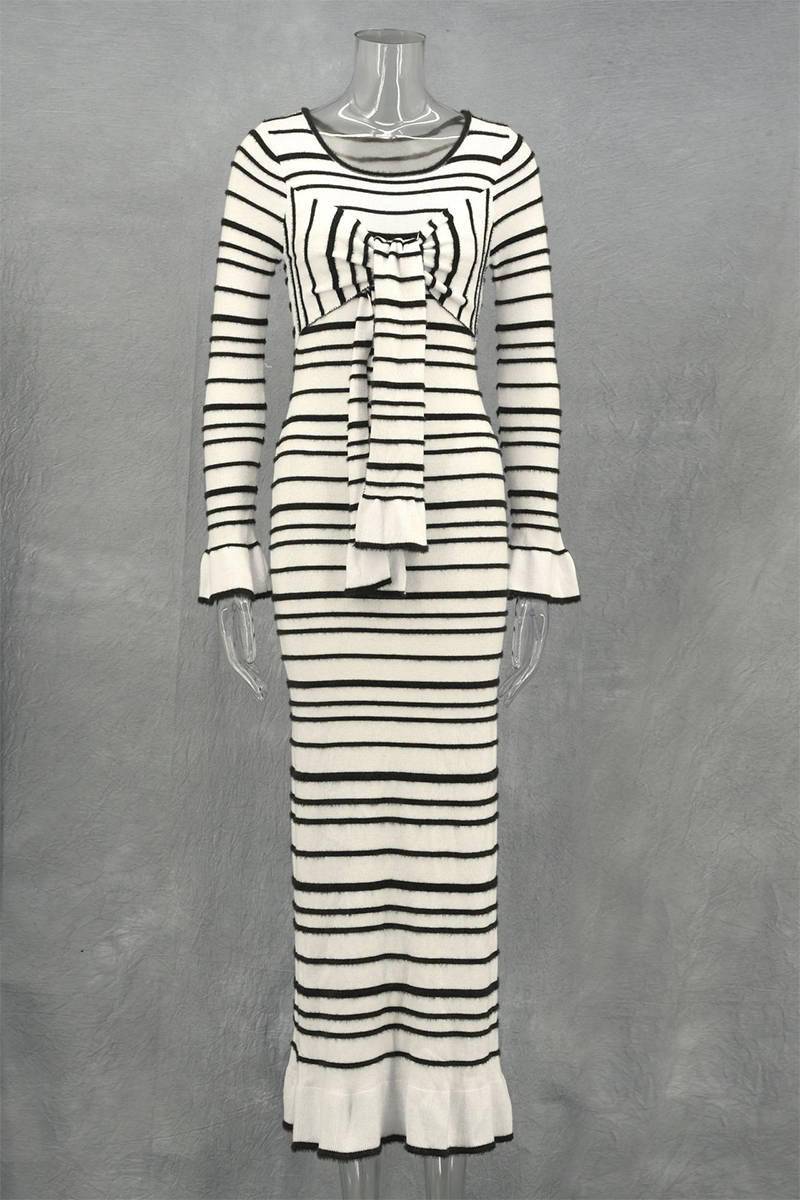 Marcia® | Casual Stripe Patchwork Bow Decor Contrast O-Neck One-Step Skirt Dresses