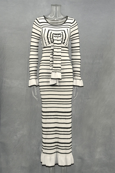 Marcia® | Casual Stripe Patchwork Bow Decor Contrast O-Neck One-Step Skirt Dresses
