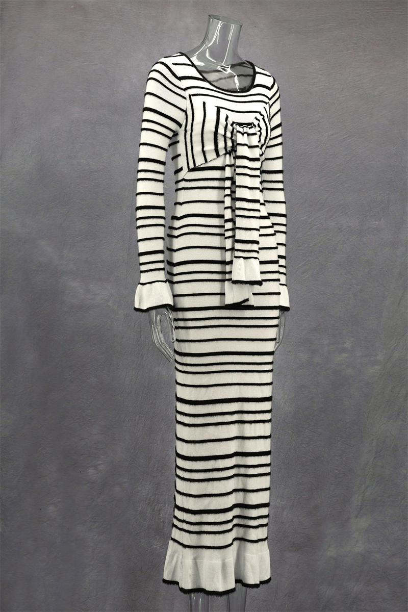 Marcia® | Casual Stripe Patchwork Bow Decor Contrast O-Neck One-Step Skirt Dresses