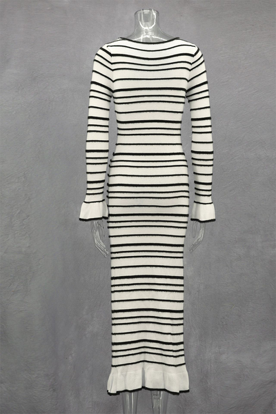 Marcia® | Casual Stripe Patchwork Bow Decor Contrast O-Neck One-Step Skirt Dresses