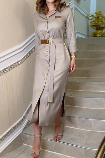 Laia® | Casual shirt dresses with pocket buckle and belt, turn-down collar