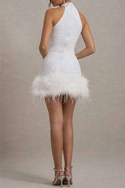 Ingrid® | Sexy party evening dresses with sequins, zipper, feather hem and halterneck