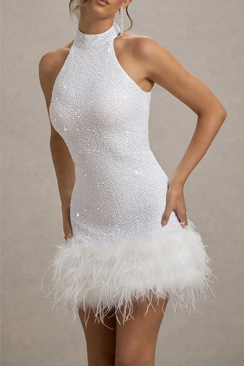 Ingrid® | Sexy party evening dresses with sequins, zipper, feather hem and halterneck