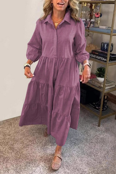 Gloria® | Casual A-Line Dresses with Buttons and Ruffles, Turn-Down Collar (6 Colors)