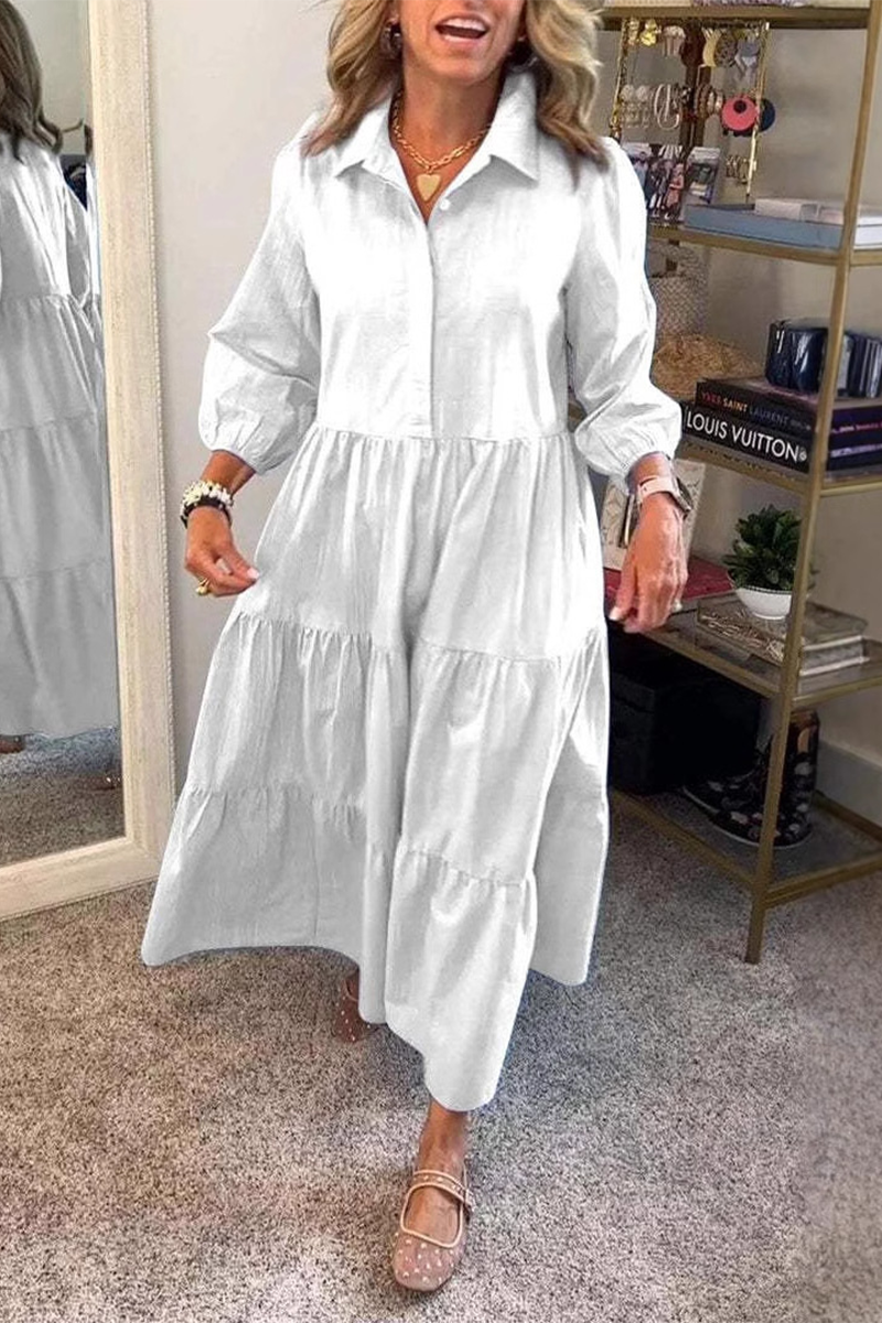 Gloria® | Casual A-Line Dresses with Buttons and Ruffles, Turn-Down Collar (6 Colors)