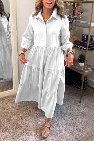 Gloria® | Casual A-Line Dresses with Buttons and Ruffles, Turn-Down Collar (6 Colors)