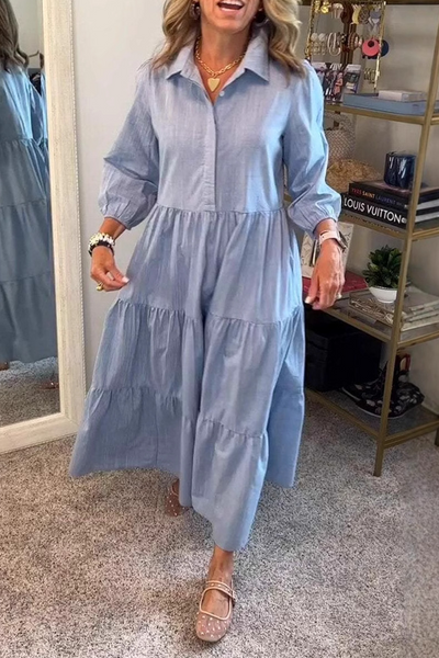 Gloria® | Casual A-Line Dresses with Buttons and Ruffles, Turn-Down Collar (6 Colors)