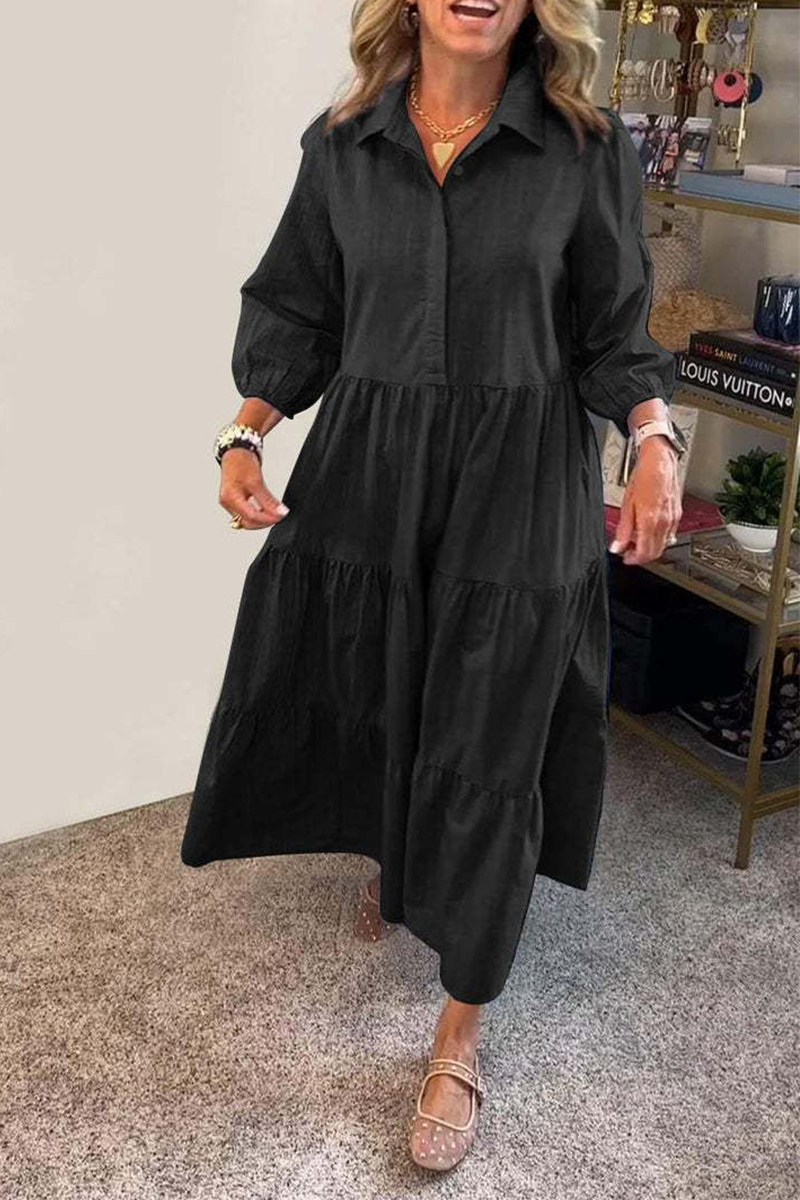 Gloria® | Casual A-Line Dresses with Buttons and Ruffles, Turn-Down Collar (6 Colors)