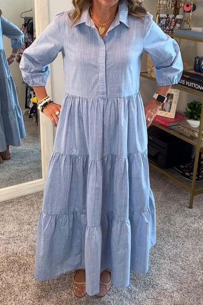 Gloria® | Casual A-Line Dresses with Buttons and Ruffles, Turn-Down Collar (6 Colors)