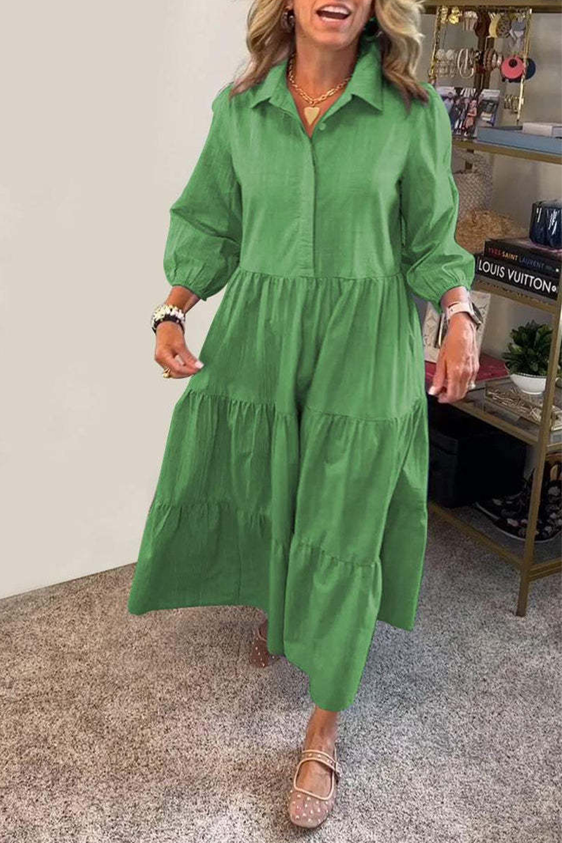 Gloria® | Casual A-Line Dresses with Buttons and Ruffles, Turn-Down Collar (6 Colors)