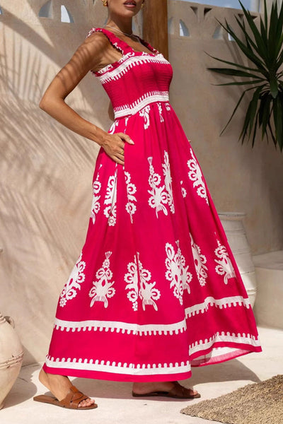 Fernanda® | Sexy Holiday Dress Geometric Print Pocket Thready Selvedge Square Neck Long Dresses (3 Colors)