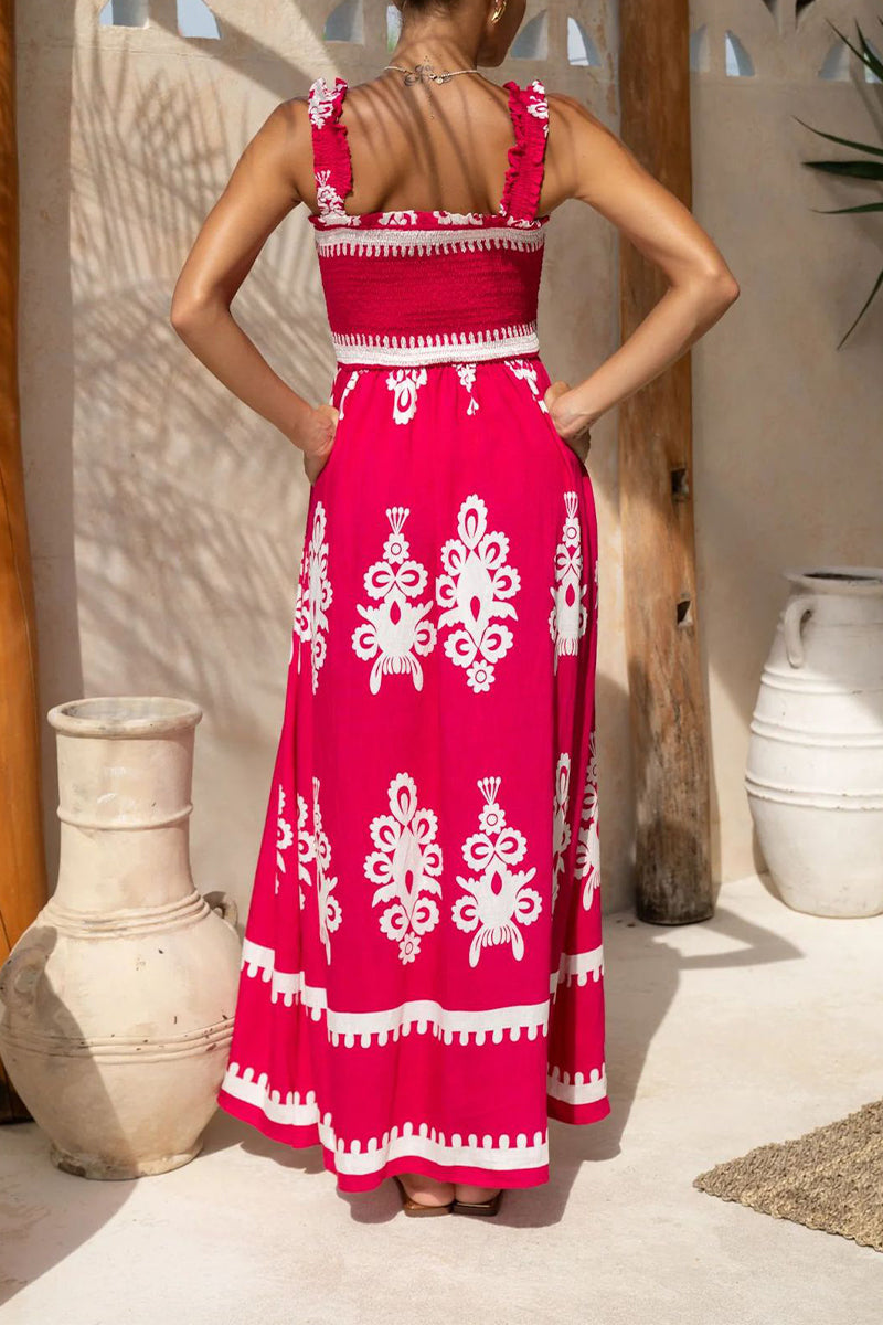 Fernanda® | Sexy Holiday Dress Geometric Print Pocket Thready Selvedge Square Neck Long Dresses (3 Colors)