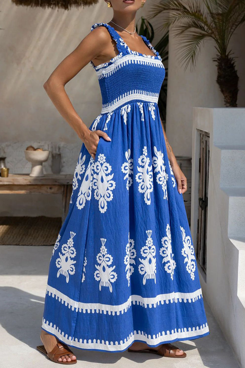 Fernanda® | Sexy Holiday Dress Geometric Print Pocket Thready Selvedge Square Neck Long Dresses (3 Colors)