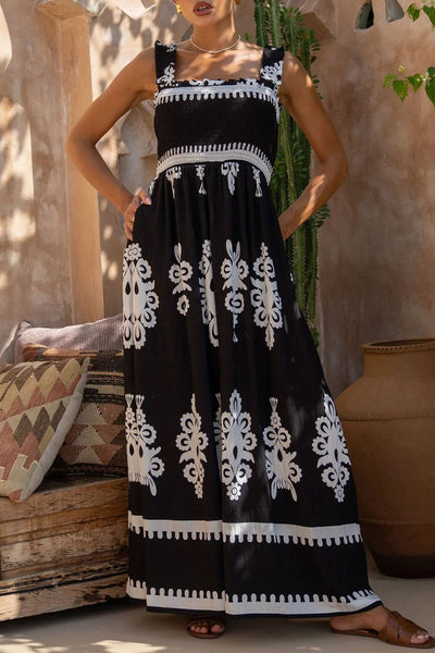 Fernanda® | Sexy Holiday Dress Geometric Print Pocket Thready Selvedge Square Neck Long Dresses (3 Colors)