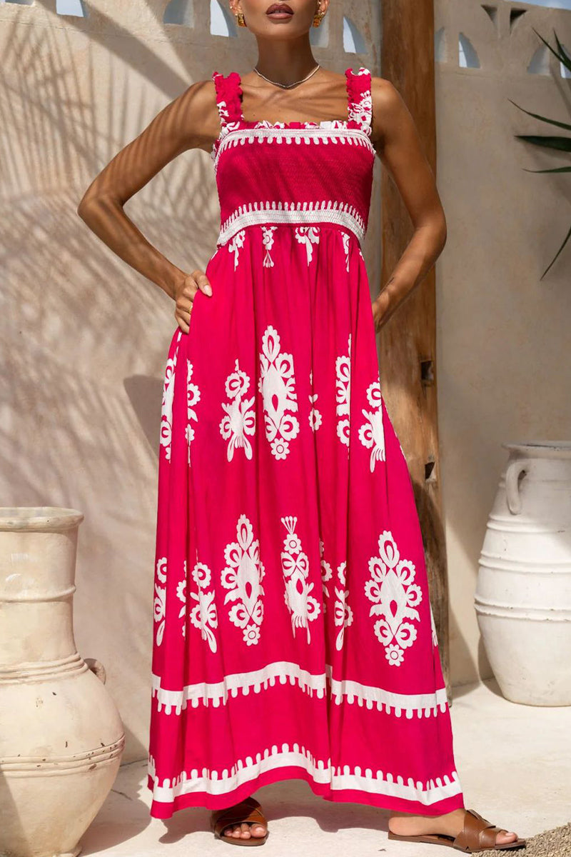 Fernanda® | Sexy Holiday Dress Geometric Print Pocket Thready Selvedge Square Neck Long Dresses (3 Colors)