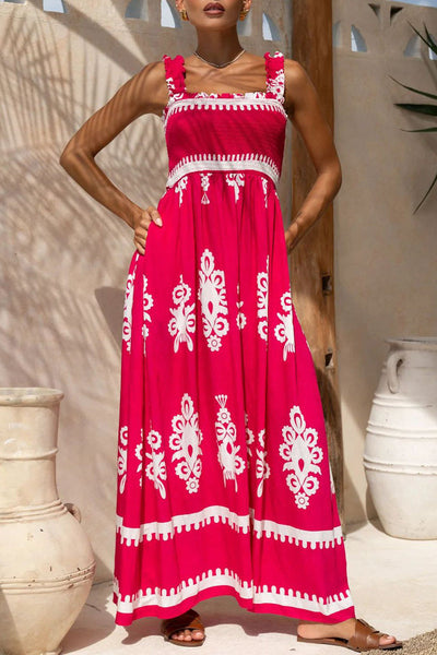 Fernanda® | Sexy Holiday Dress Geometric Print Pocket Thready Selvedge Square Neck Long Dresses (3 Colors)