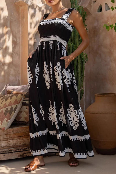 Fernanda® | Sexy Holiday Dress Geometric Print Pocket Thready Selvedge Square Neck Long Dresses (3 Colors)